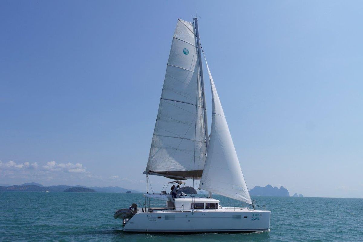Exterior view of Shana, a Lagoon 450 F catamaran at Mai Khao, Thailand