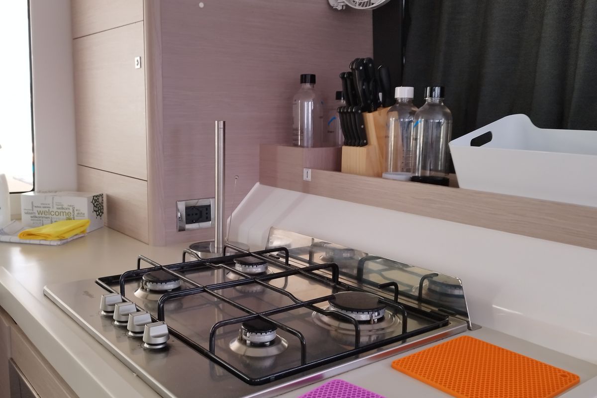 Galley of Delphinus, a Dufour 48 Catamaran catamaran at Olbia, Italy