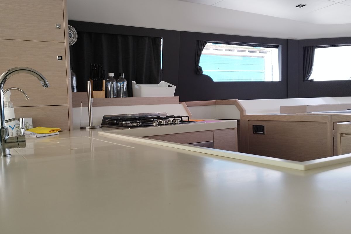 Galley of Delphinus, a Dufour 48 Catamaran catamaran at Olbia, Italy