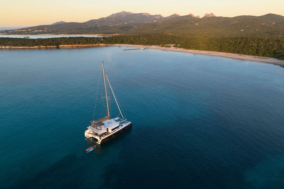 Exterior view of Delphinus, a Dufour 48 Catamaran catamaran at Olbia, Italy
