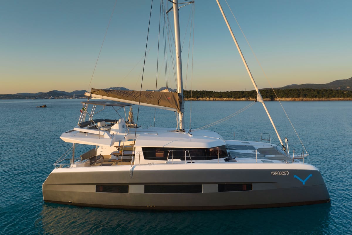 Exterior view of Delphinus, a Dufour 48 Catamaran catamaran at Olbia, Italy