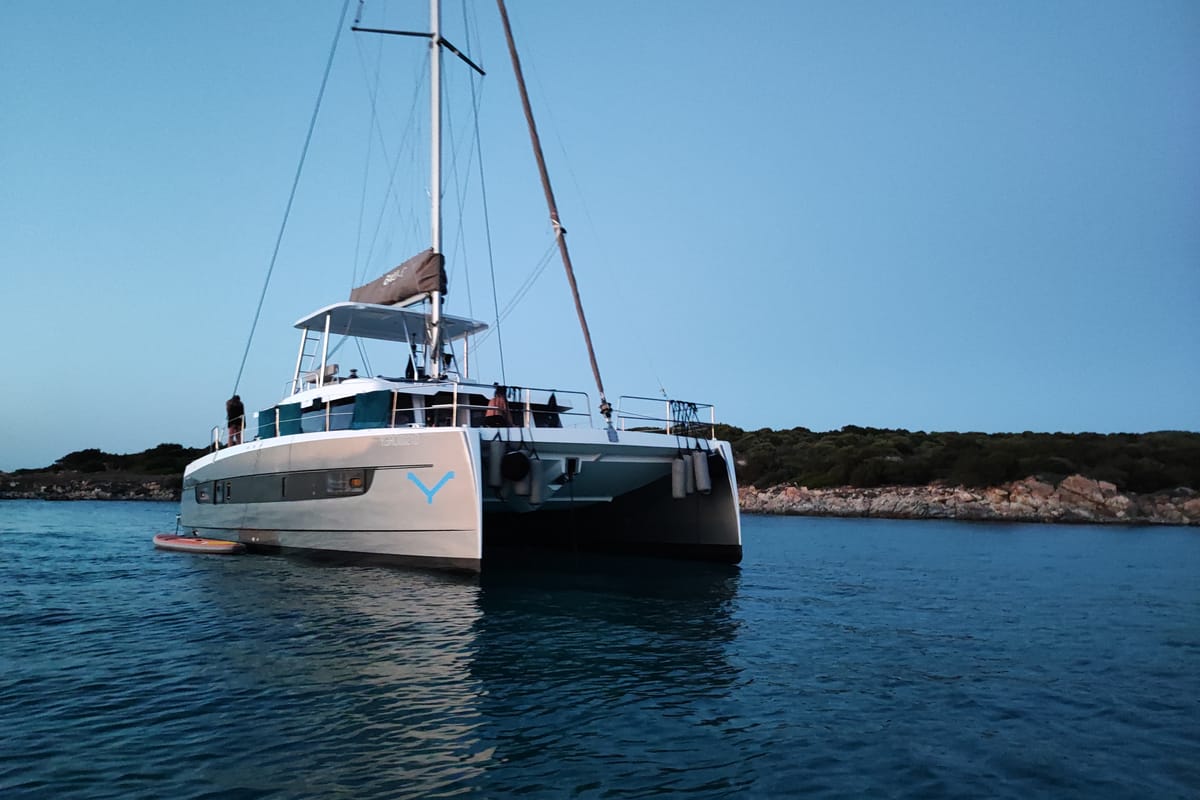 Exterior view of Delphinus, a Dufour 48 Catamaran catamaran at Olbia, Italy
