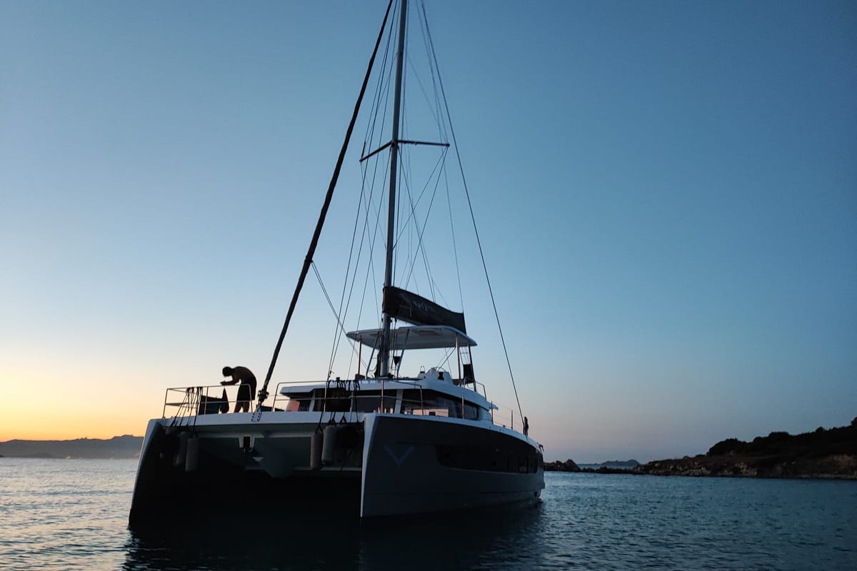 Exterior view of Delphinus, a Dufour 48 Catamaran catamaran at Olbia, Italy