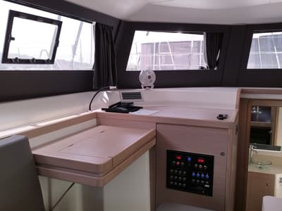 Salon of Delphinus, a Dufour 48 Catamaran catamaran at Olbia, Italy
