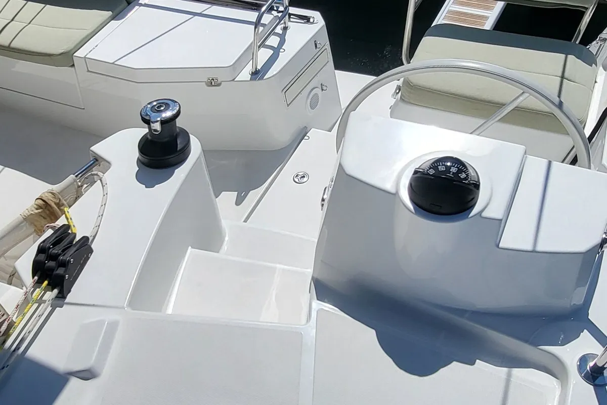 Cockpit of Enterprise, a Bali Catsmart catamaran at Procida, Italy