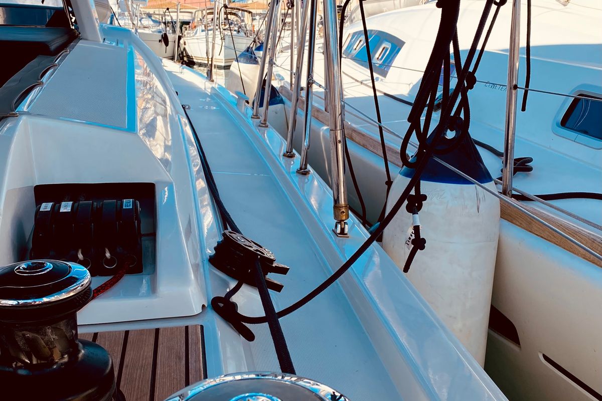 Deck of Marbella, a Beneteau Oceanis 46.1 sailboat at Municipal Unit of Lefkada, Greece