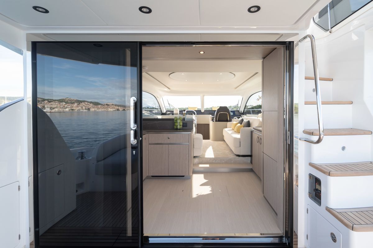 Deck of Leeloo, a Azimut 53 Fly motorboat at Grad Šibenik, Croatia