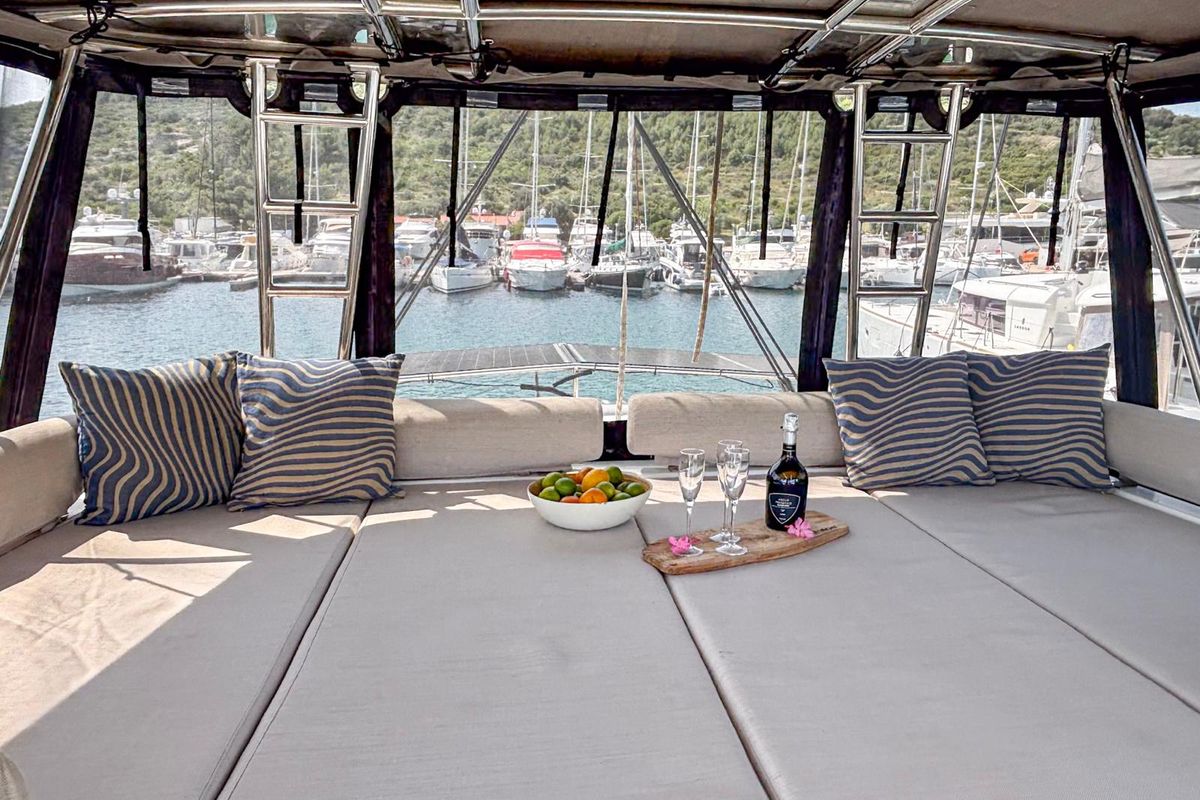 Deck of Nammu, a Bali Catspace catamaran at Primošten, Croatia