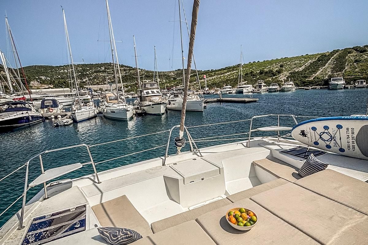 Deck of Nammu, a Bali Catspace catamaran at Primošten, Croatia