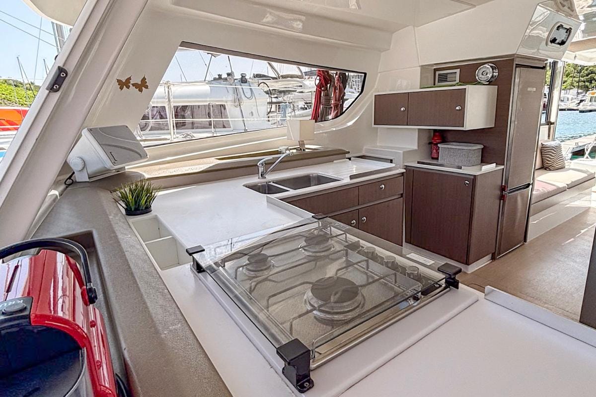 Galley of Nammu, a Bali Catspace catamaran at Primošten, Croatia