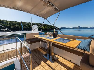 Deck of Lomar, a Sealine F430 yacht at Dubrovnik, Croatia