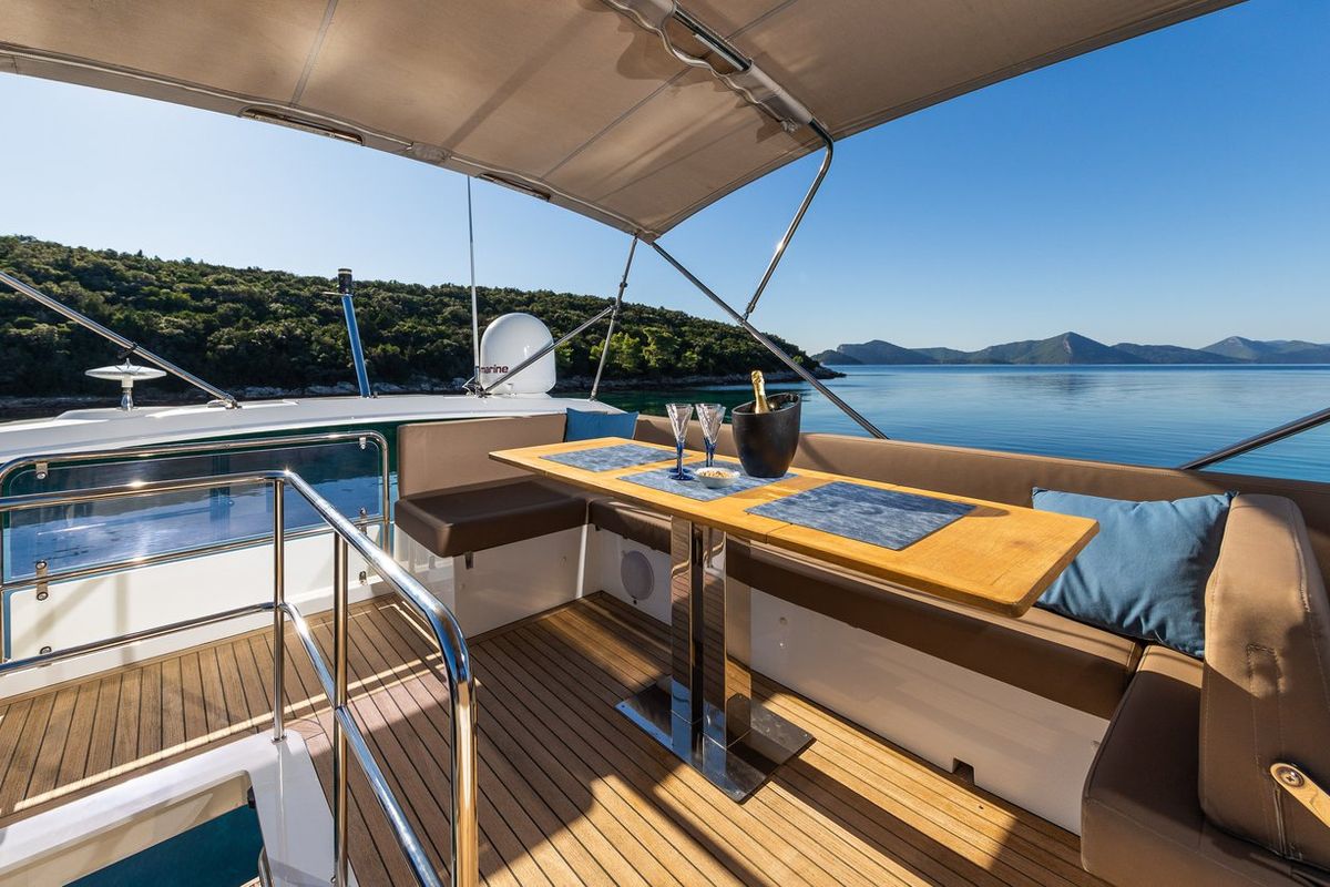 Deck of Lomar, a Sealine F430 yacht at Dubrovnik, Croatia