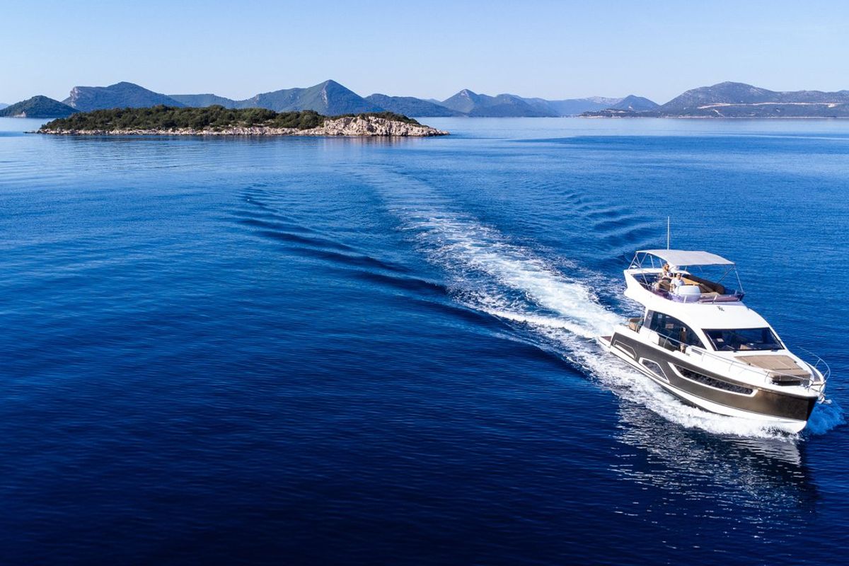 Exterior view of Lomar, a Sealine F430 yacht at Dubrovnik, Croatia