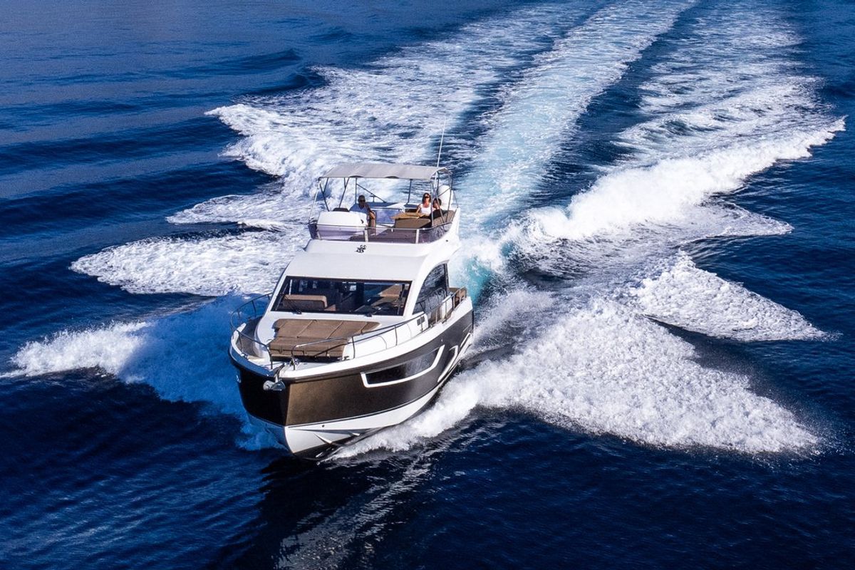 Exterior view of Lomar, a Sealine F430 yacht at Dubrovnik, Croatia