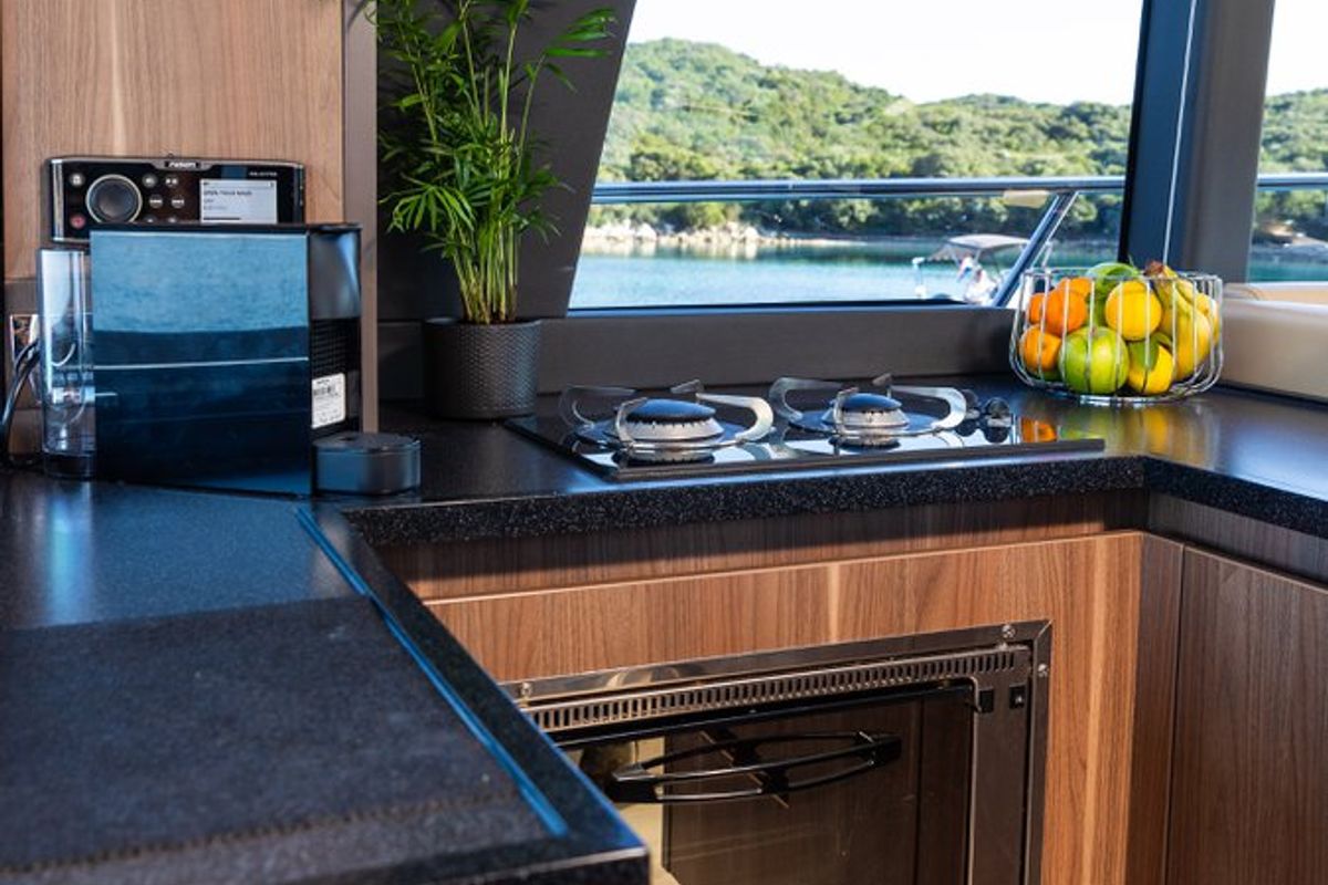 Galley of Lomar, a Sealine F430 yacht at Dubrovnik, Croatia
