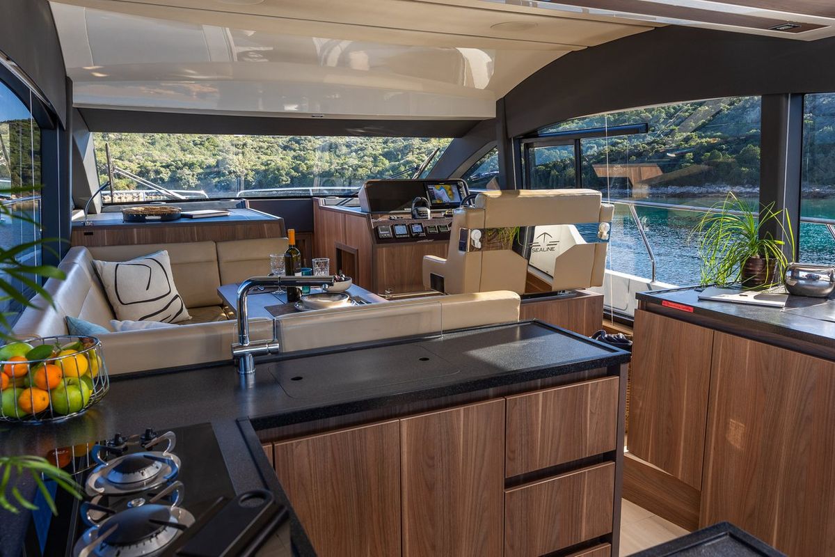Galley of Lomar, a Sealine F430 yacht at Dubrovnik, Croatia