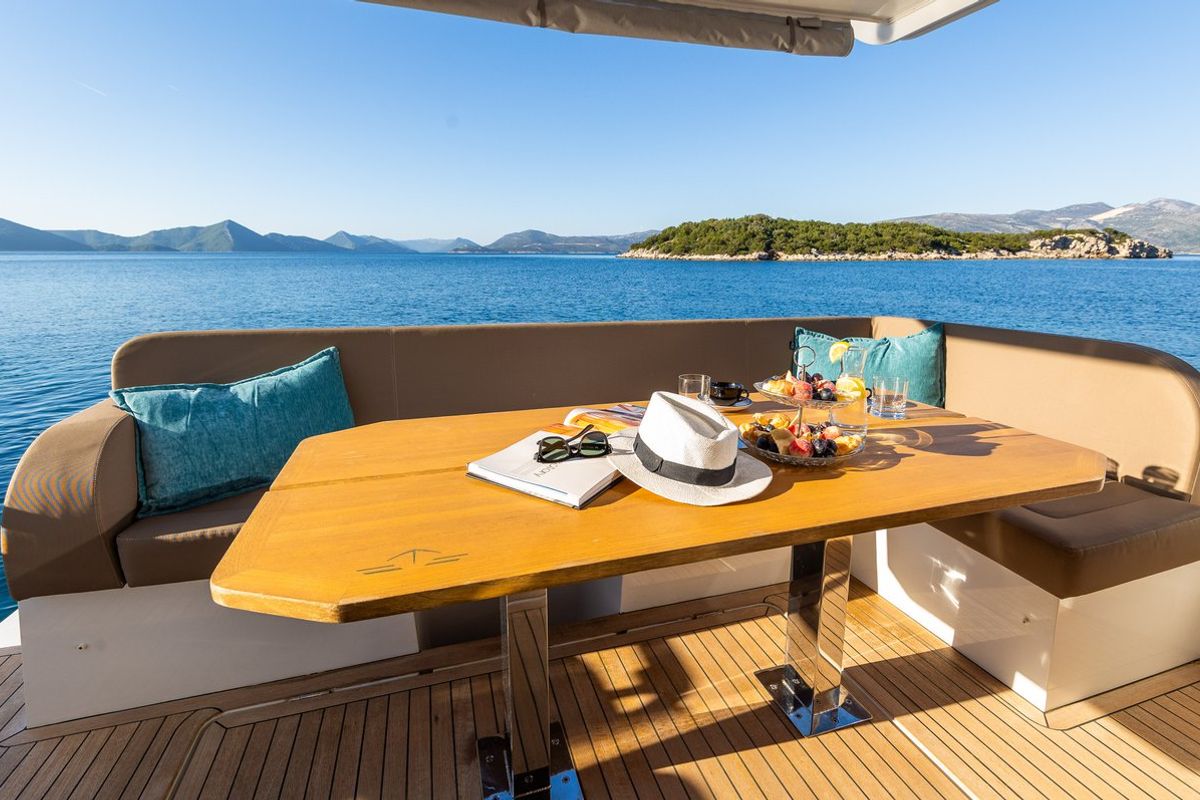 Deck of Lomar, a Sealine F430 yacht at Dubrovnik, Croatia