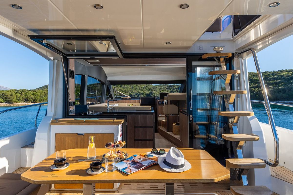 Deck of Lomar, a Sealine F430 yacht at Dubrovnik, Croatia