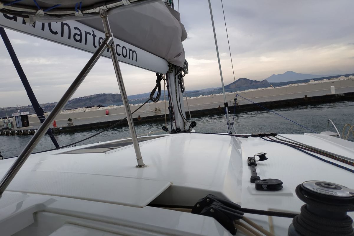 Deck of Margarita, a Fountaine Pajot Lucia 40 catamaran at Procida, Italy