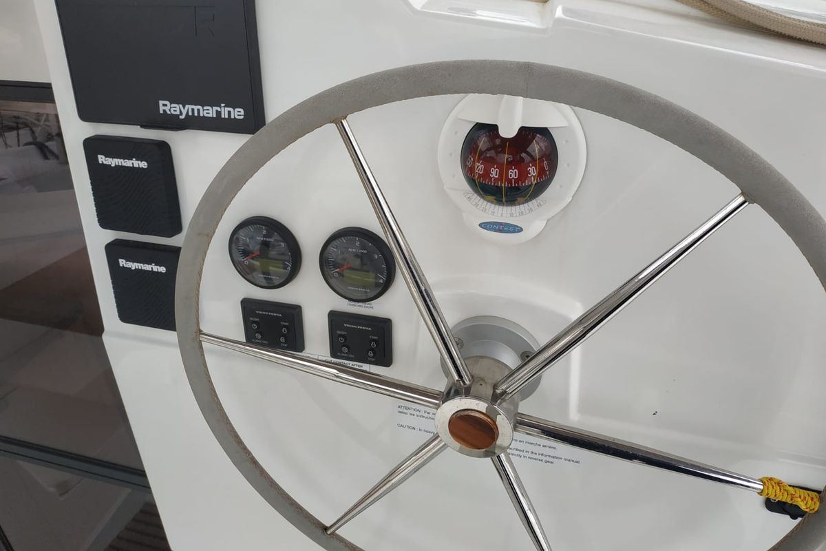 Cockpit of Margarita, a Fountaine Pajot Lucia 40 catamaran at Procida, Italy