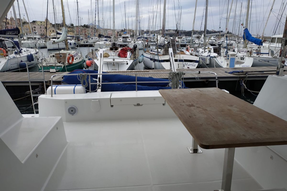 Deck of Margarita, a Fountaine Pajot Lucia 40 catamaran at Procida, Italy