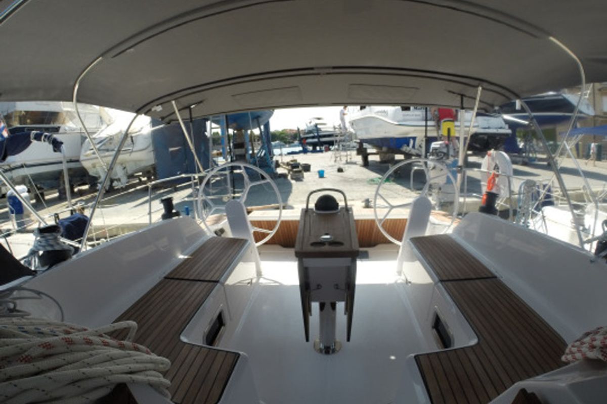 Cockpit of Dafne, a Bavaria Cruiser 46 sailboat at Zadar, Croatia