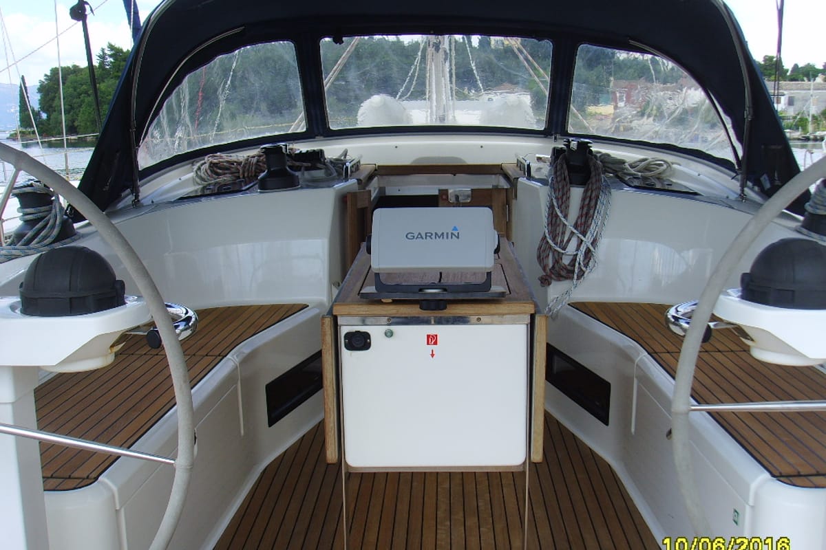 Cockpit of Patroklos, a Bavaria Cruiser 45 sailboat at Municipal Unit of Lefkada, Greece