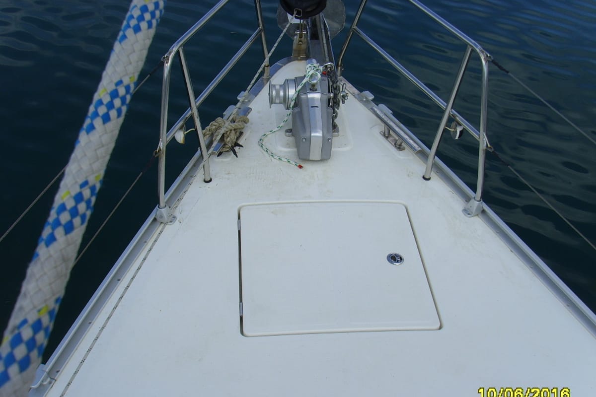Deck of Patroklos, a Bavaria Cruiser 45 sailboat at Municipal Unit of Lefkada, Greece