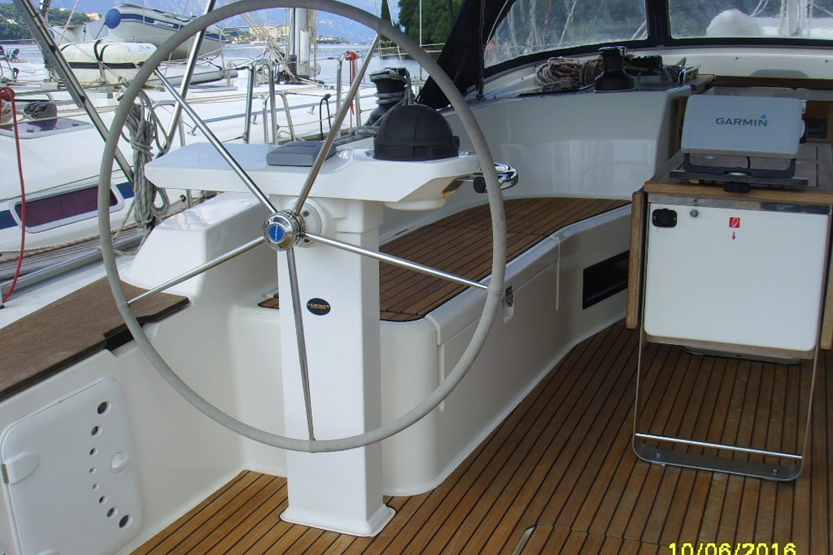 Cockpit of Patroklos, a Bavaria Cruiser 45 sailboat at Municipal Unit of Lefkada, Greece