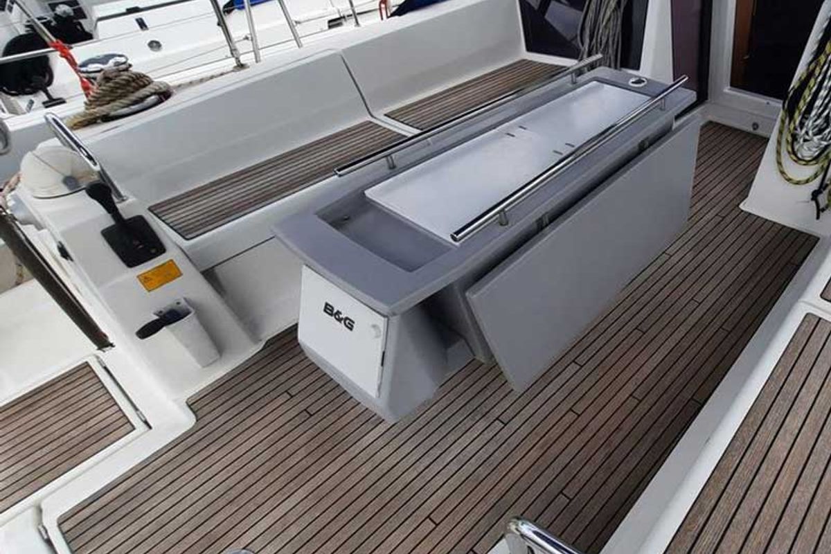 Deck of Vanitosa, a Beneteau Oceanis 48 sailboat at Punta Ala, Italy