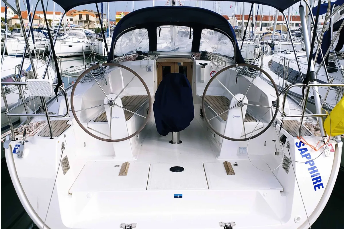 Exterior view of Sapphire, a Bavaria Cruiser 41 sailboat at Općina Sukošan, Croatia
