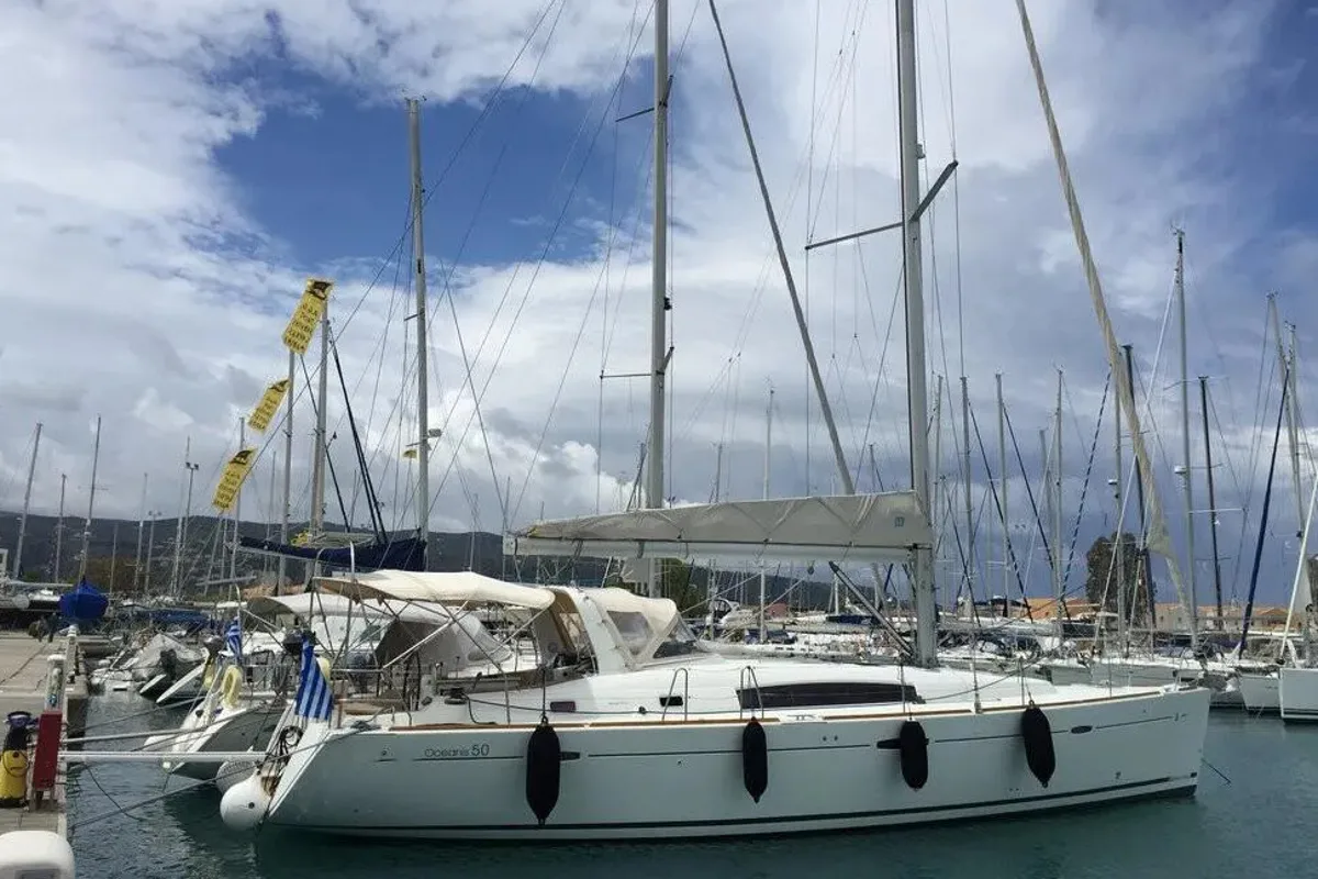 Exterior view of Evita, a Beneteau Oceanis 51.1 sailboat at Municipal Unit of Elefsina, Greece