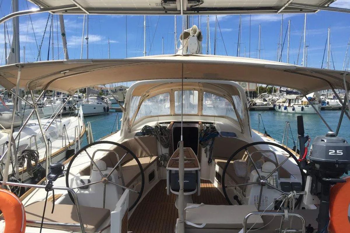 Cockpit of Evita, a Beneteau Oceanis 51.1 sailboat at Municipal Unit of Elefsina, Greece