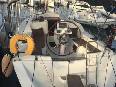 Cockpit of Carry On, a Jeanneau Sun Odyssey 33i sailboat at Kontokali, Greece
