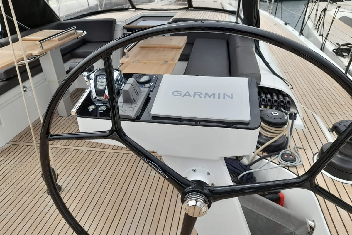 Cockpit of Extra mile, a Beneteau First 53 sailboat at Lavreotiki Municipal Unit, Greece