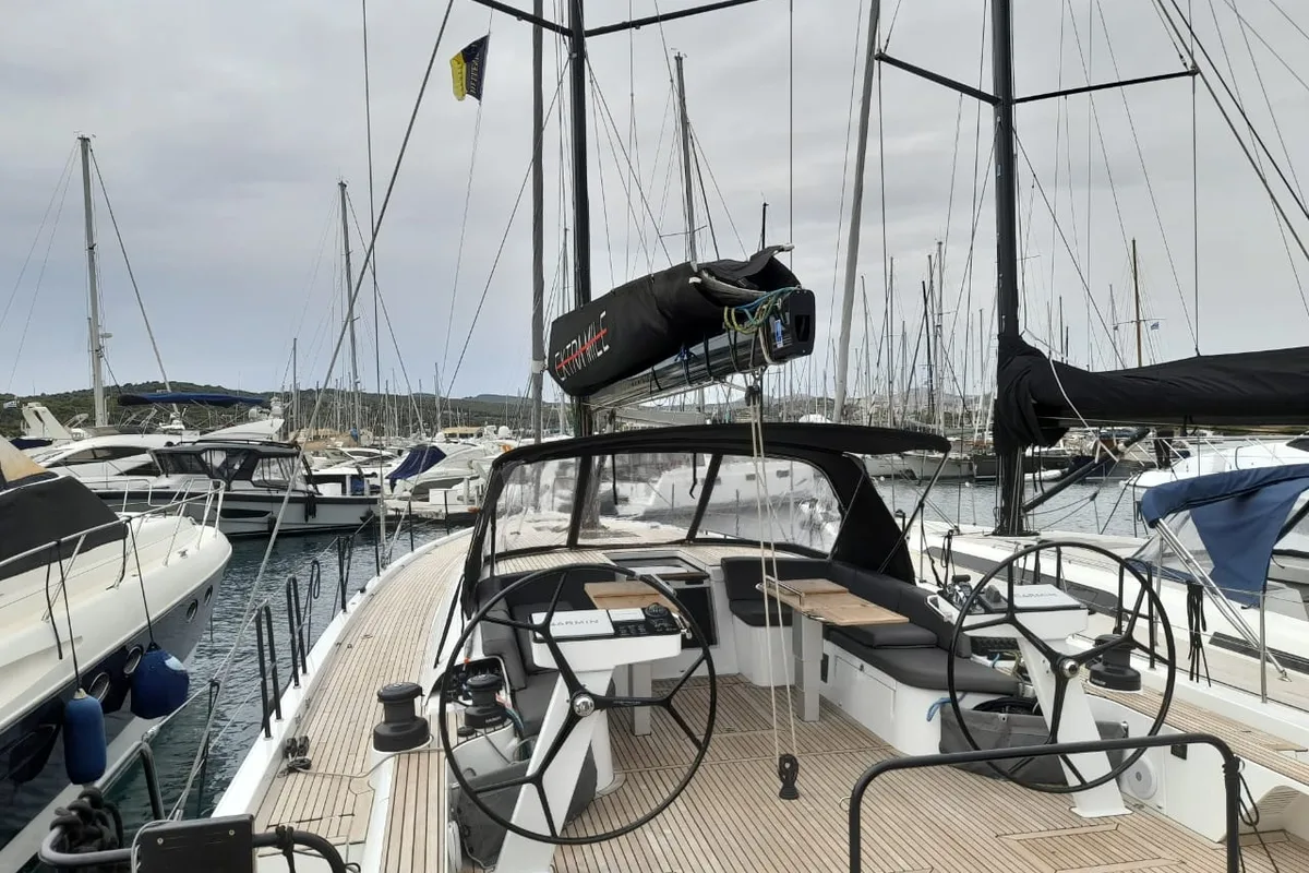 Cockpit of Extra mile, a Beneteau First 53 sailboat at Lavreotiki Municipal Unit, Greece