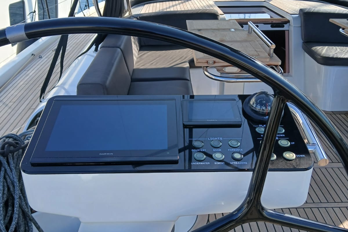 Cockpit of Extra mile, a Beneteau First 53 sailboat at Lavreotiki Municipal Unit, Greece