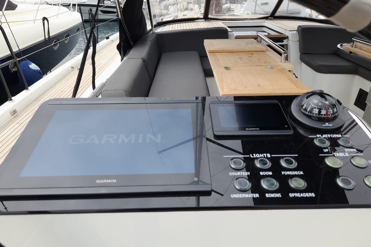 Cockpit of Extra mile, a Beneteau First 53 sailboat at Lavreotiki Municipal Unit, Greece