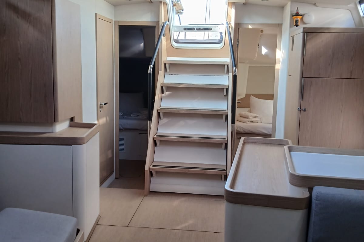 Salon of Extra mile, a Beneteau First 53 sailboat at Lavreotiki Municipal Unit, Greece
