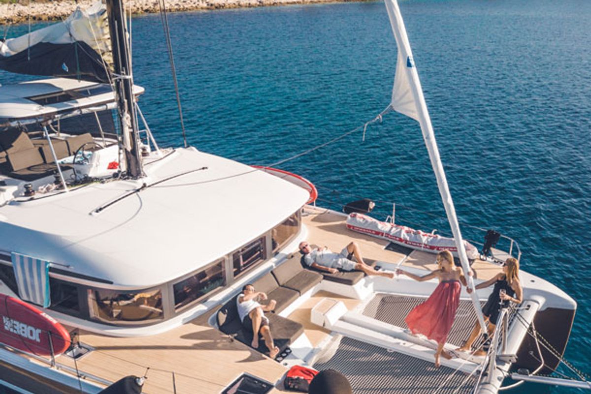 Deck of Princess Kiss, a Lagoon 50 catamaran at Grad Kaštela, Croatia