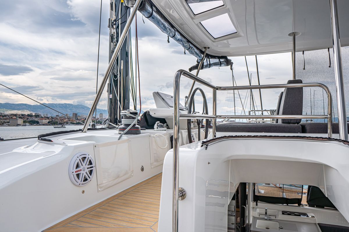 Cockpit of Princess Kiss, a Lagoon 50 catamaran at Grad Kaštela, Croatia