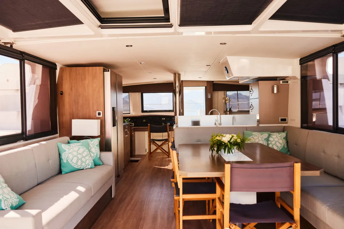 Salon of Taurus, a Bali 4.8 catamaran at Marmaris, Turkey