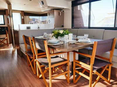 Salon of Taurus, a Bali 4.8 catamaran at Marmaris, Turkey
