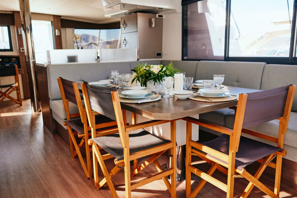 Salon of Taurus, a Bali 4.8 catamaran at Marmaris, Turkey
