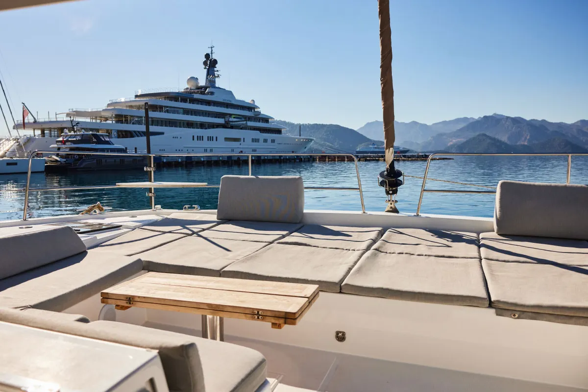 Deck of Taurus, a Bali 4.8 catamaran at Marmaris, Turkey