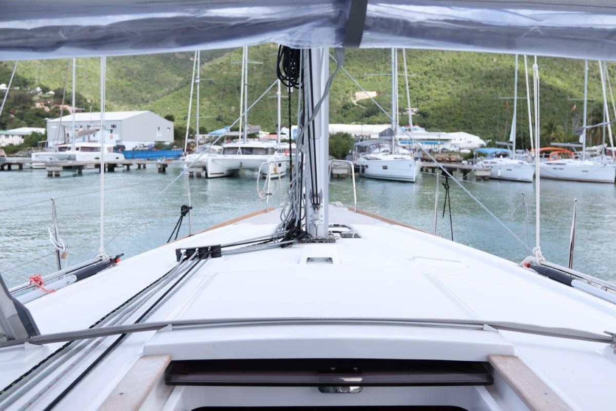 Deck of Arun, a Beneteau Oceanis 38.1 sailboat at Road Town, British Virgin Islands