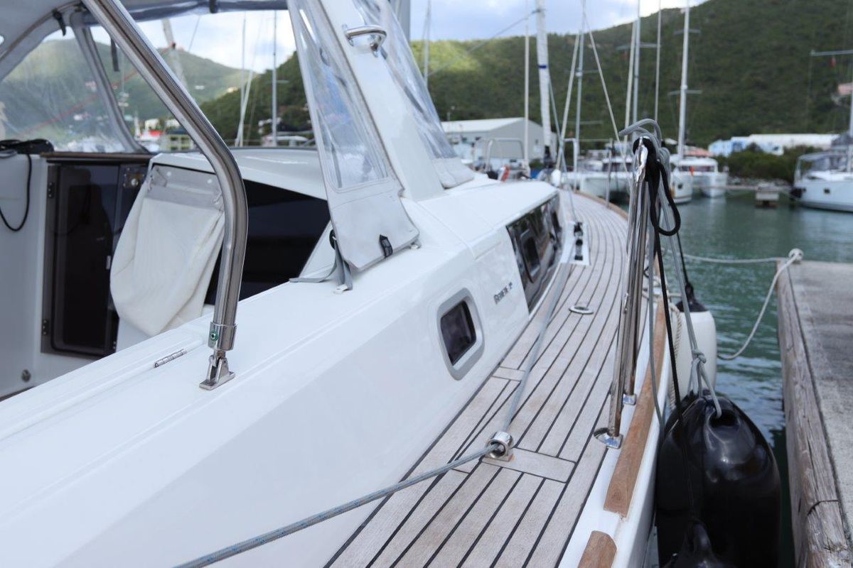 Deck of Arun, a Beneteau Oceanis 38.1 sailboat at Road Town, British Virgin Islands