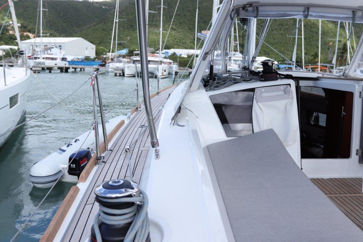 Deck of Arun, a Beneteau Oceanis 38.1 sailboat at Road Town, British Virgin Islands