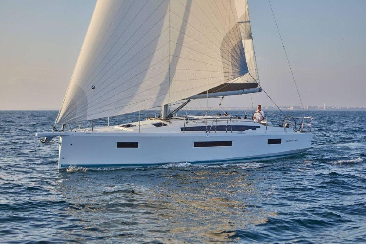 Exterior view of Naoussa, a Jeanneau Sun Odyssey 410 sailboat at Palma de Mallorca, Spain