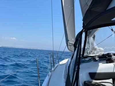 Deck of Naoussa, a Jeanneau Sun Odyssey 410 sailboat at Palma de Mallorca, Spain